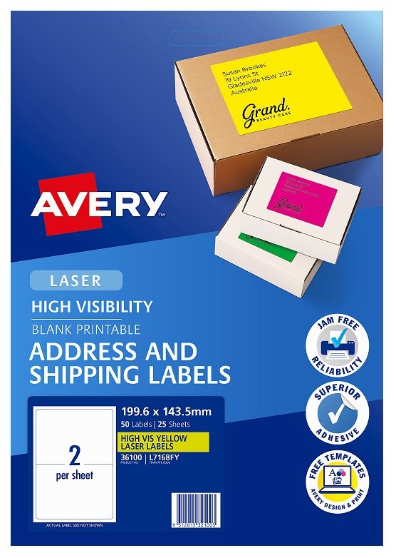 Avery L7168FY Fluoro Yellow Laser 199.6 x 143.5mm Permanent Visibility Shipping Labels - 50 Pack