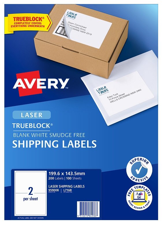 Avery L7168 White Laser Permanent 199.6 x 143.5mm Shipping Labels with Trueblock - 200 Pack