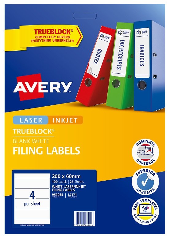 Avery L7171 White Laser Inkjet 200 x 60mm Permanent Lever Arch Filing Labels - 100 Pack