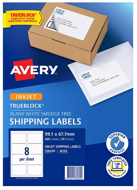 Avery J8165 White Inkjet 99.1 x 67.7mm Permanent Shipping Labels with Trueblock - 400 Pack