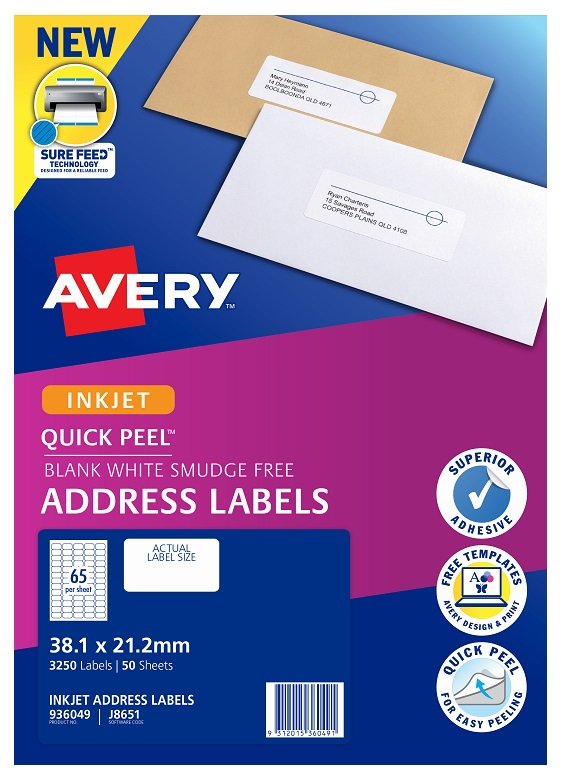 Avery J8651 White Inkjet 38.1 x 21.2mm Permanent Quick Peel Address Labels with Sure Feed - 3250 Pack