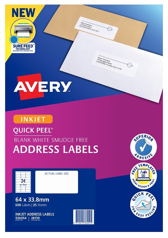 Avery J8159 White Inkjet 64 x 33.8mm Permanent Quick Peel Address Labels with Sure Feed – 600 Pack