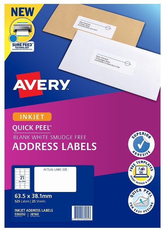 Avery J8160 White Inkjet 63.5 x 38.1mm Permanent Quick Peel Address Labels with Sure Feed – 525 Pack