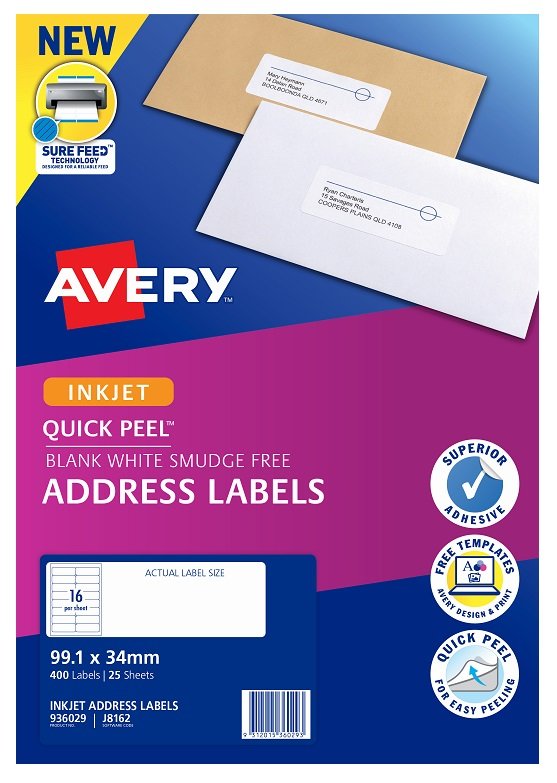 Avery J8162 White Inkjet 99.1 x 34mm Permanent Quick Peel Address Labels with Sure Feed – 400 Pack