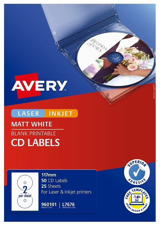 Avery L7676 Matte White Laser Inkjet 117mm CD DVD Permanent Labels - 50 Pack