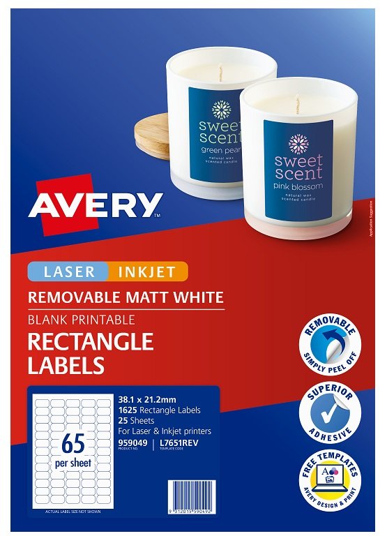 Avery L7651REV White Laser Inkjet 38.1 x 21.2mm Removable Multi-purpose Labels - 1625 Pack