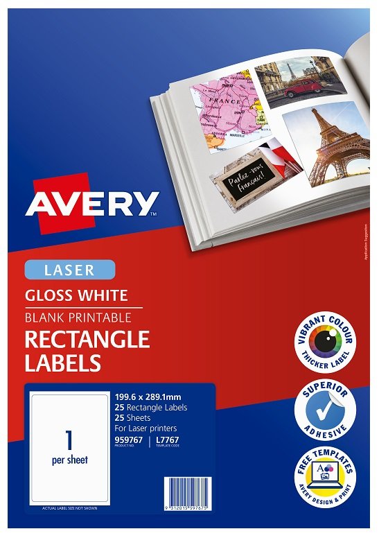 Avery L7767 Glossy White Laser 199.6 x 289.1mm Permanent Photo Quality Multi-Purpose Labels – 25 Pack