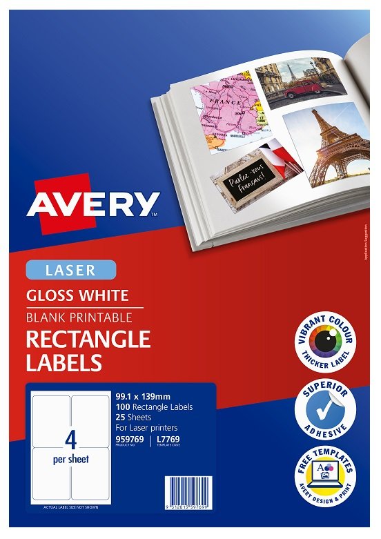 Avery L7769 Glossy White Laser 99.1 x 139mm Permanent Photo Quality Multi-Purpose Labels – 100 Pack