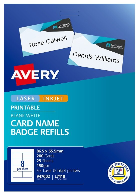 Avery L7418K White Laser Inkjet 86.5 x 55.5mm Name Badge Refill Cards – 200 Pack