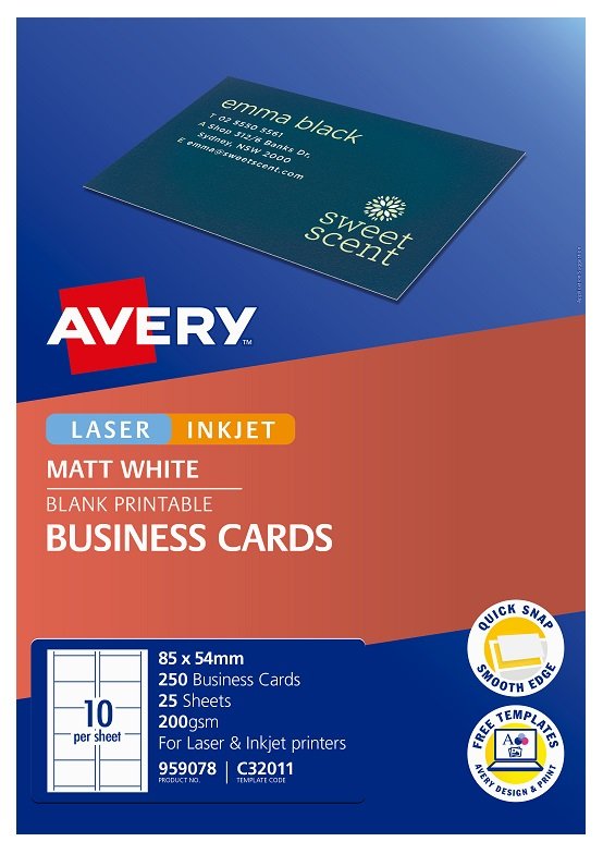 Avery C32011 Matte White Laser Inkjet 85 x 54mm Single Sided Business Cards – 250 Pack