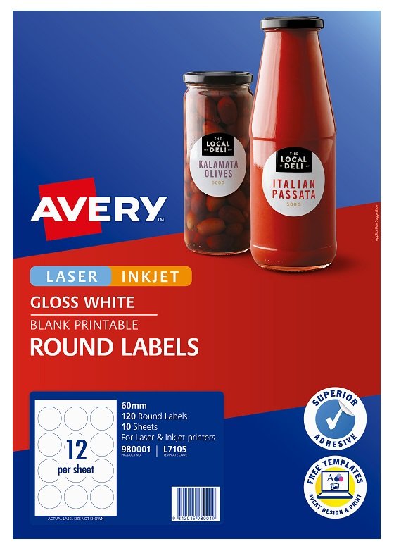 Avery L7105 Glossy White Laser Inkjet 60mm Round Permanent Labels - 120 Pack