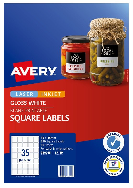 Avery L7119 Glossy White Laser Inkjet 35mm Square Permanent Product Labels - 350 Pack
