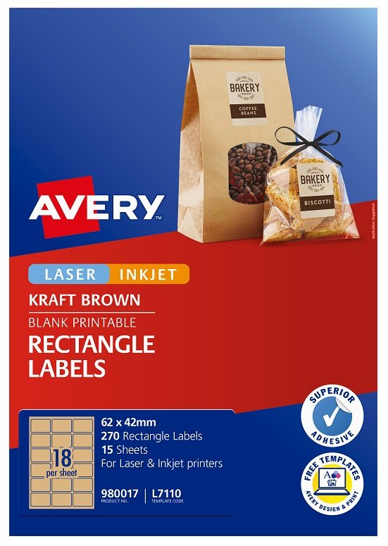 Avery L7110 Kraft Brown Laser Inkjet 62 x 42mm Permanent Product Labels - 270 Pack