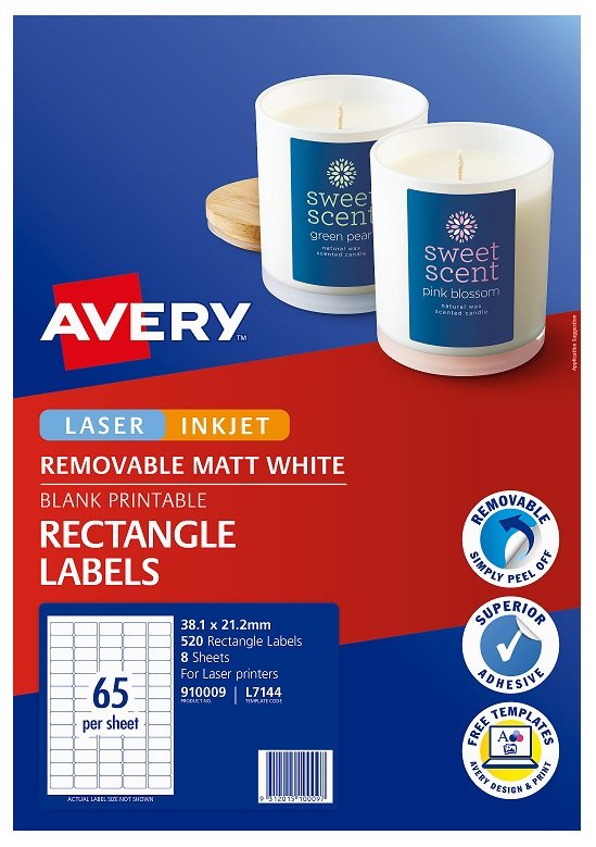 Avery L7144 White Laser 38 x 21mm Rectangle Removable Labels – 520 Pack