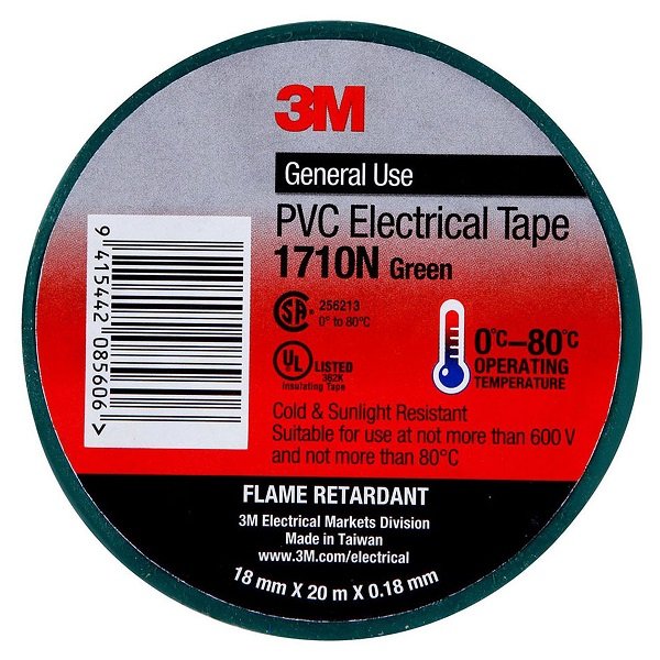3M 1710N-GR 18mm x 20m PVC Electrical Tape - Green
