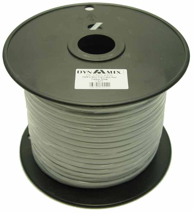 Dynamix 100M Roll 6 Wire Flat Cable. Silver colour on a plastic reel