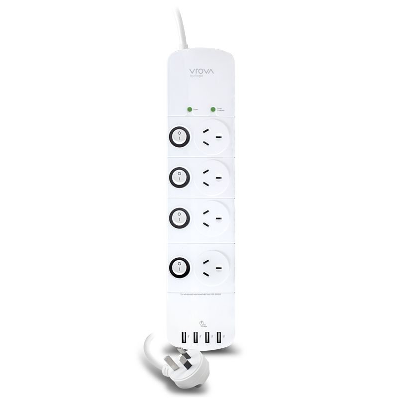 ALOGIC 4.5A 4 Outlet Surge and Overload Protected Power Board with Individual Switches and 4 USB Ports