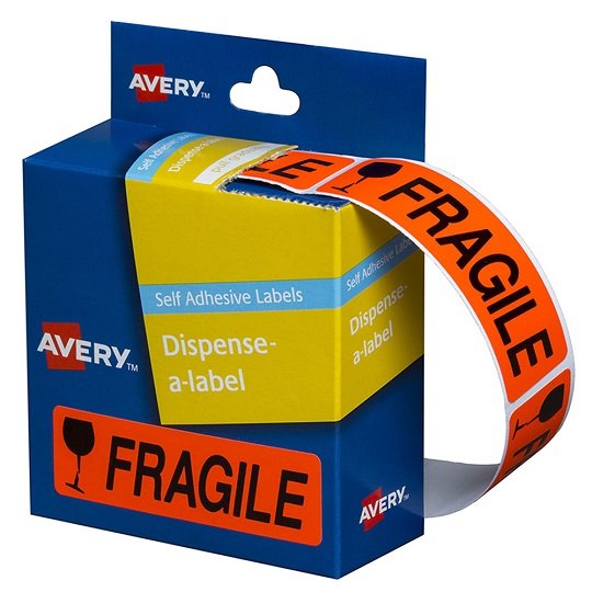 Avery 64 x 19 mm Fragile Dispenser Label Fluoro Red - 125 Labels