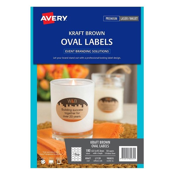 Avery L7139 Kraft Brown Laser Inkjet 60mm Oval Permanent Labels - 180 Pack