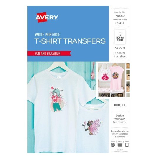 Avery C9414 Inkjet 210 x 297mm White Coloured T-Shirt Transfer - 5 Labels