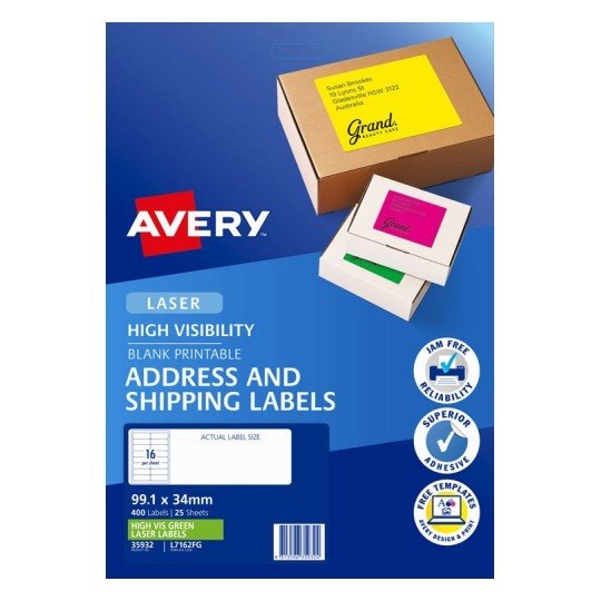 Avery L7162FG Fluoro Green Laser 99.1 x 34 mm High Visibility Shipping Label - 25 Sheets