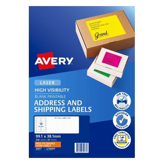 Avery L7162FO Fluoro Orange Laser 99.1 x 38.1 mm High Visibility Shipping Label - 25 Sheets