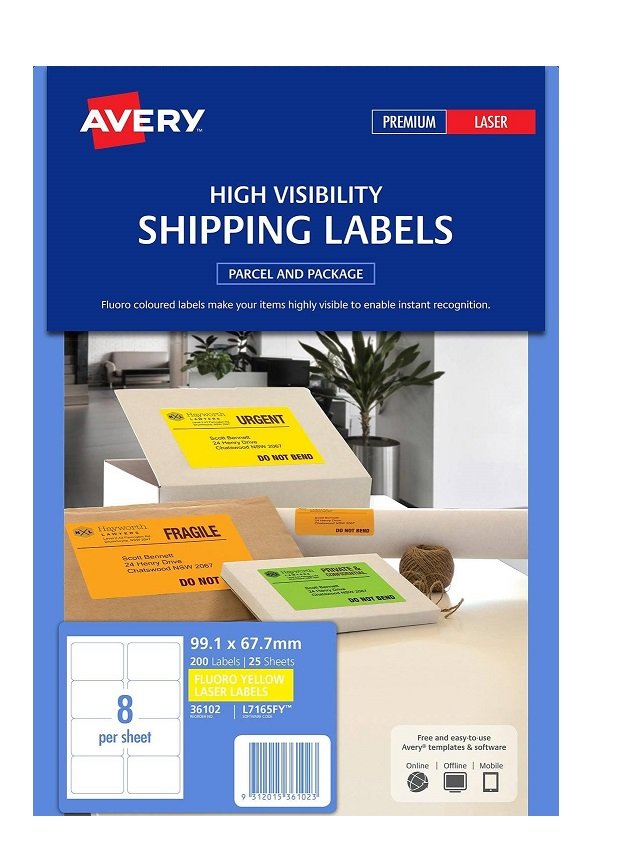 Avery L7165FY Fluoro Yellow Laser 99.1 x 67.7mm Permanent Visibility Shipping Labels - 200 Pack