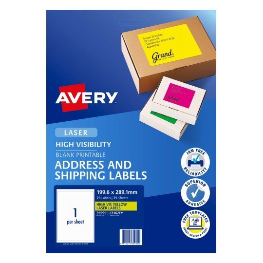 Avery L7167FY Fluoro Yellow Laser 199.6 x 289.1 mm High Visibility Shipping Label - 25 Sheets