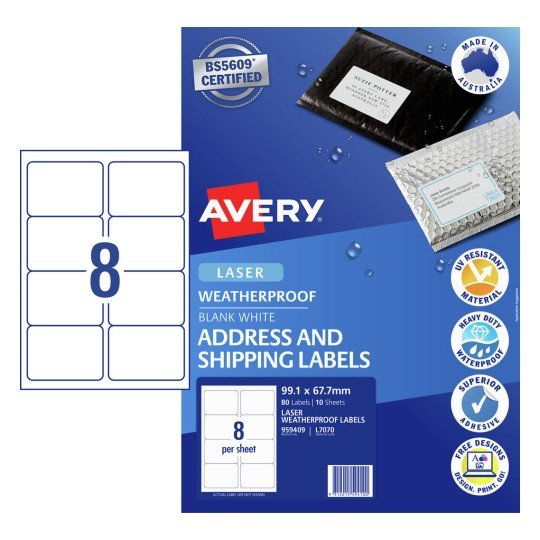 Avery L7070 Weatherproof 99.1 x 67.7 mm Permanent Laser Address Label - 80 Pack