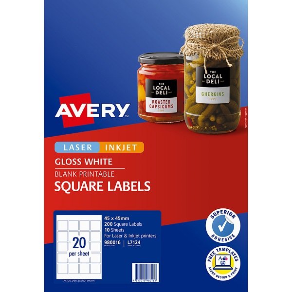 Avery L7124 White Laser Inkjet 45 x 45mm Glossy Square Permanent Labels - 200 Labels