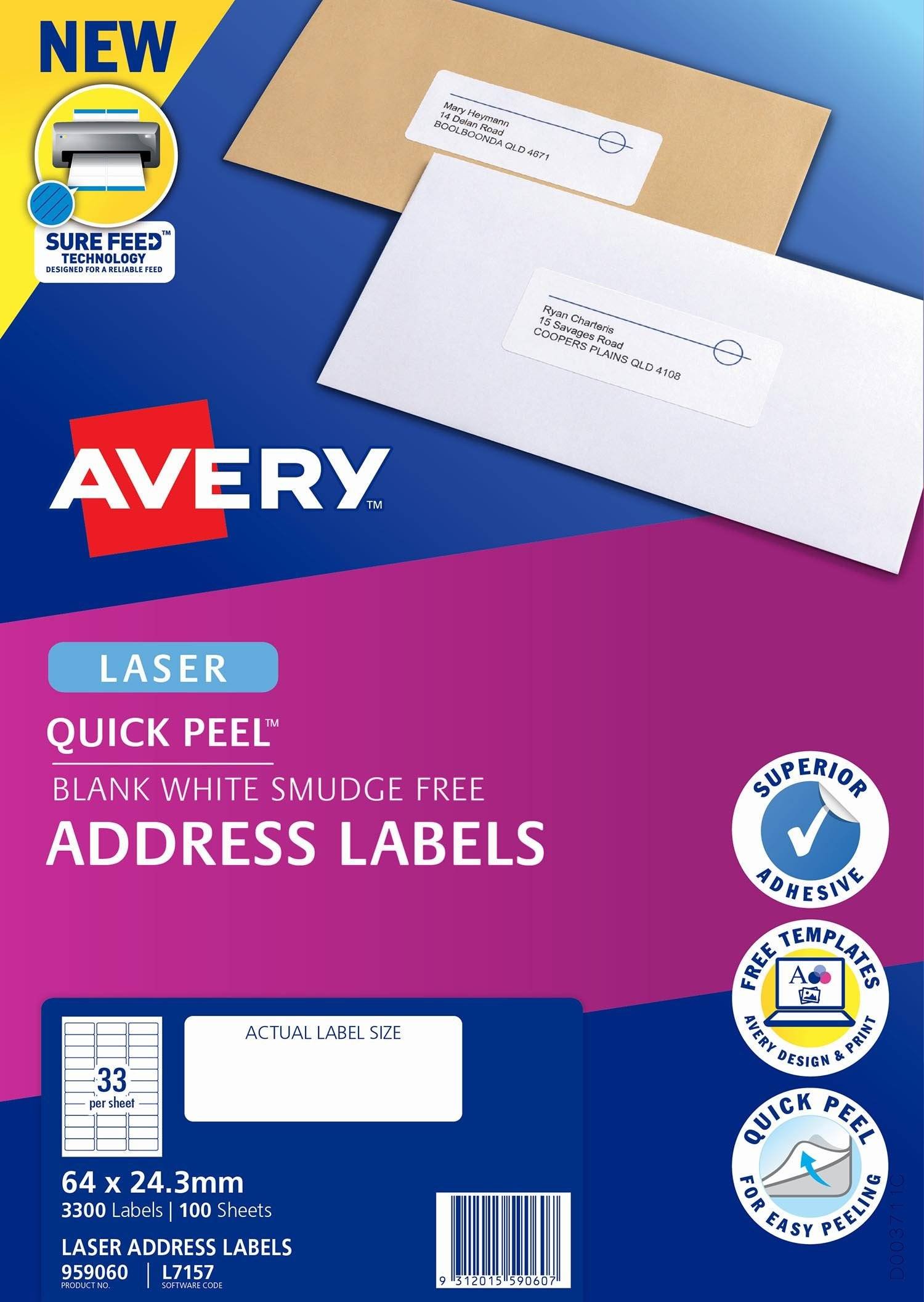 Avery L7157 White Laser 64 x 24.3mm Permanent Quick Peel Address Labels with Sure Feed – 3300 Pack