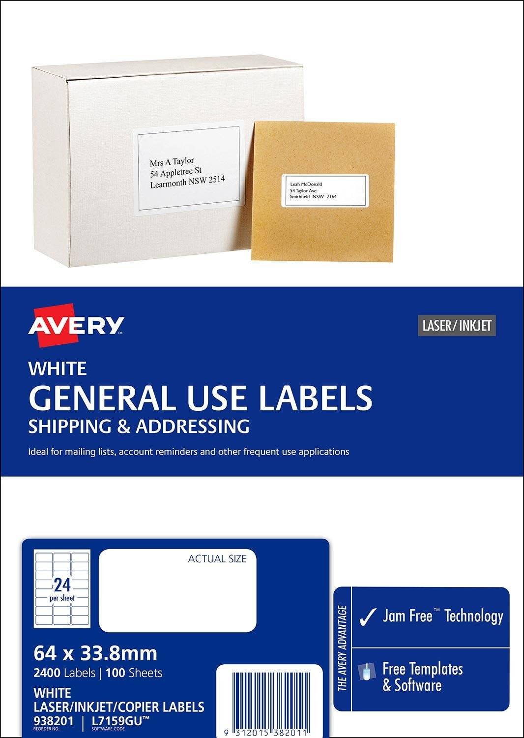 Avery L7159GU White Laser Inkjet 64 x 33.8mm Permanent General Use Labels – 2400 Pack