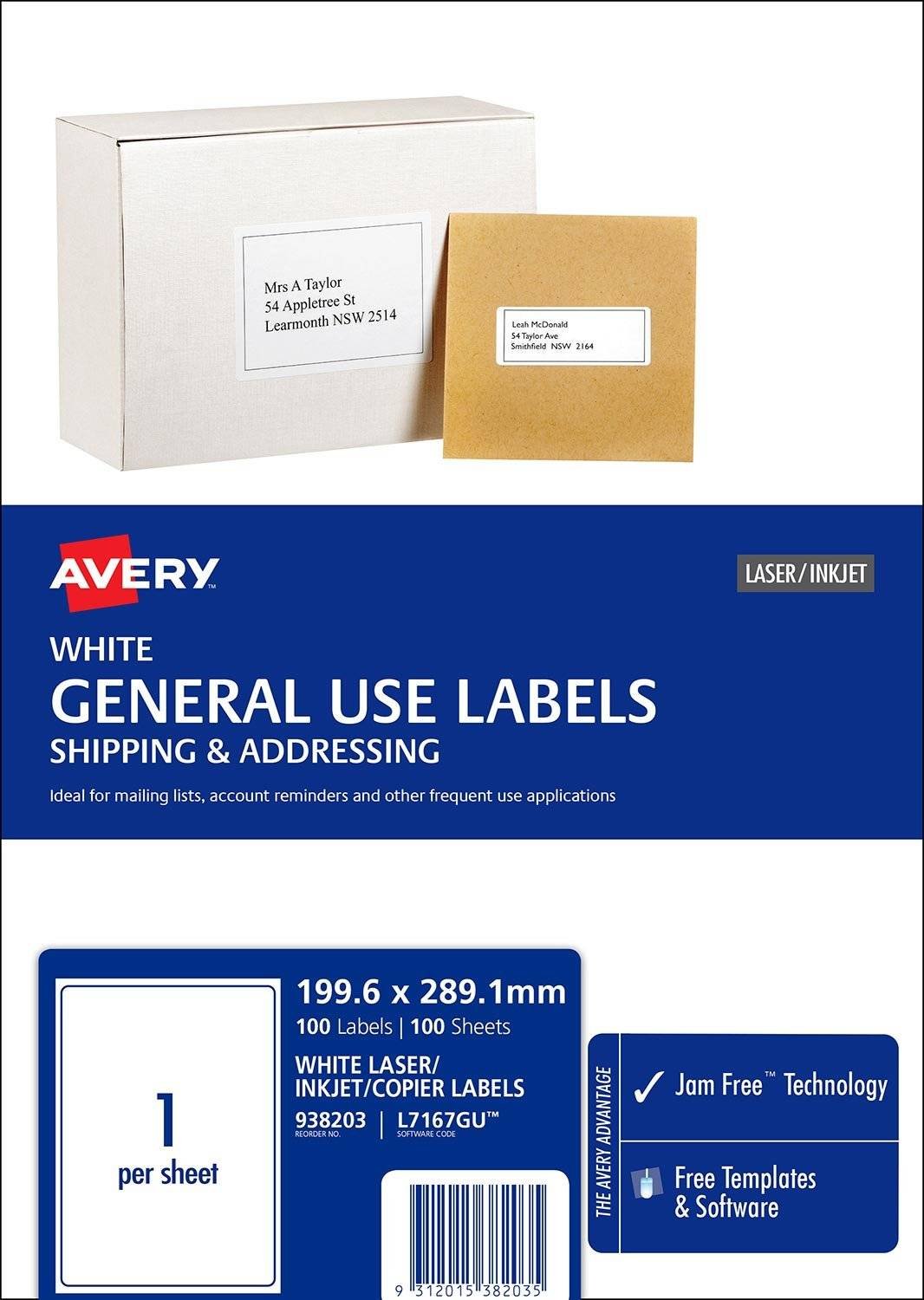 Avery L7167GU White Laser Inkjet 199.6 x 289.1mm Permanent General Use Labels – 100 Pack