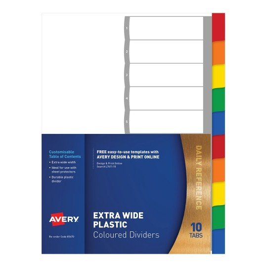 Avery L7411-10 A4 Laser Inkjet Coloured Extra Wide Plastic Divider - 10 Tabs