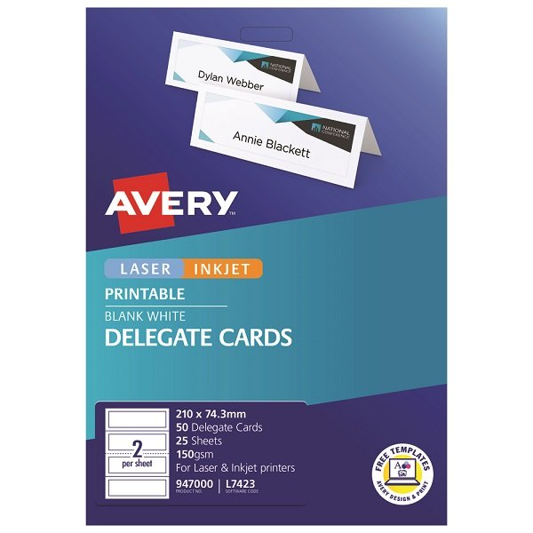 Avery L7423 White Laser Inkjet 210 x 74.3mm Double Sided Print Delegate Cards - 50 Pack