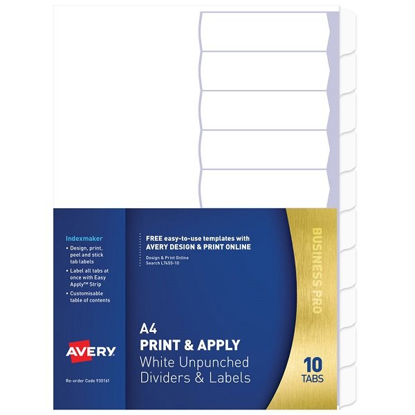 Avery L7455-10 A4 White Unpunched Indexmaker Labels - 10 Tabs