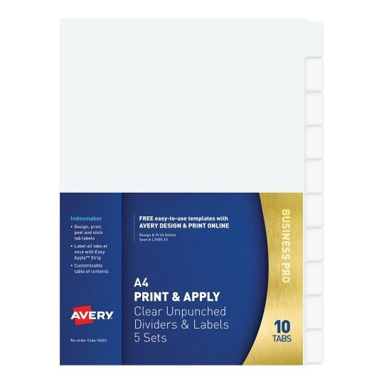 Avery L7455-10 A4 Laser Inkjet Clear Unpunched Label & Divider - 10 Tabs