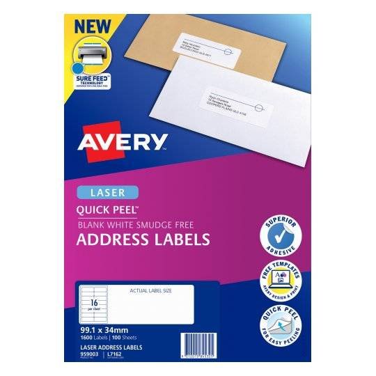 Avery L7162 White Laser 99.1 x 34mm Permanent Quick Peel Address Labels with Sure Feed - 1600 Pack