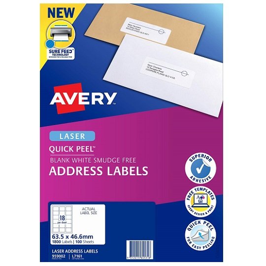 Avery L7161 White Laser 63.5 x 46.6mm Permanent Quick Peel Address Labels with Sure Feed - 1800 Pack