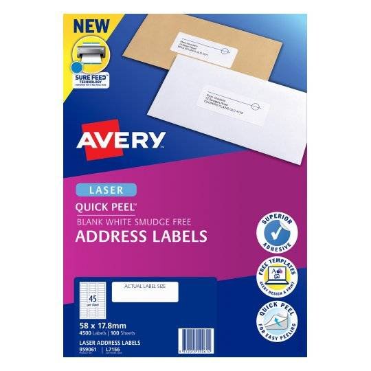 Avery L7156 White Laser 58 x 17.8mm Permanent Quick Peel Address Labels with Sure Feed - 4500 Pack