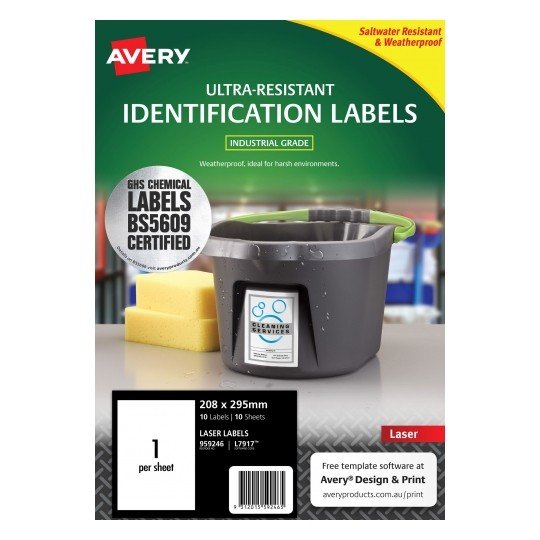 Avery L7917 White Laser 208 x 295mm Extra Strong Permanent Ultra-Resistant Chemical Grade Labels – 10 Pack