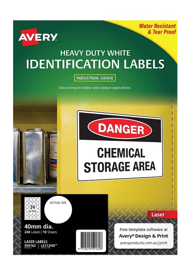 Avery L6112HD White Laser 40mm Round Extra Strong Permanent Heavy Duty Labels – 240 Pack