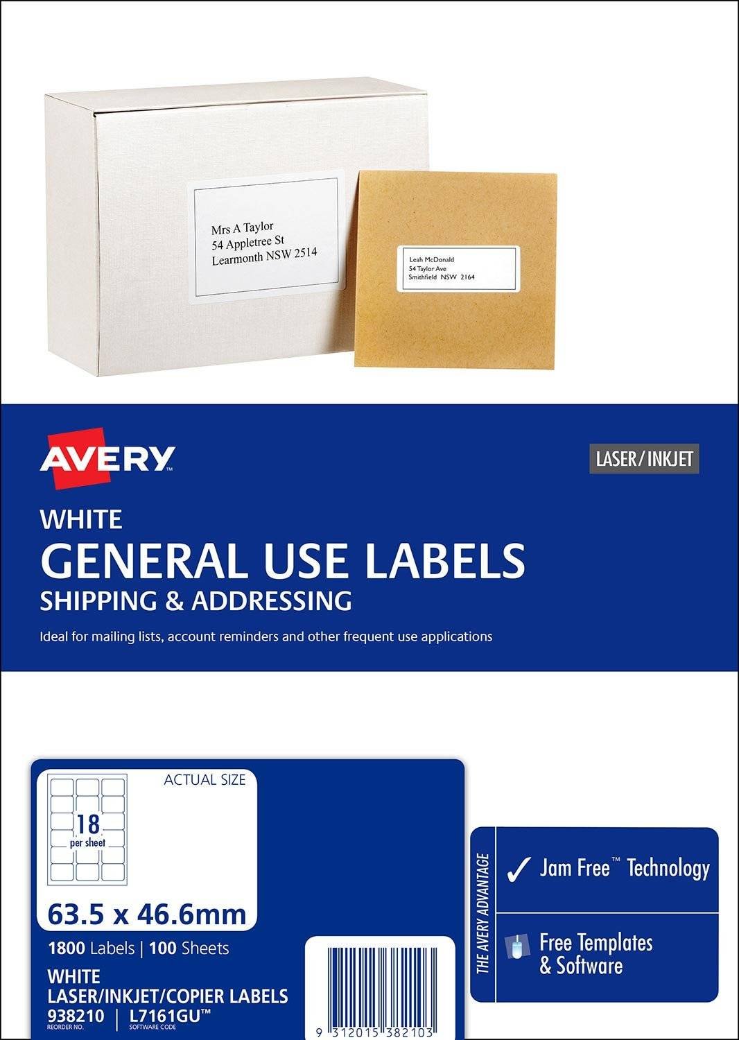 Avery L7161GU White Laser Inkjet 63.5 x 46.6mm Permanent General Use Labels – 1800 Pack