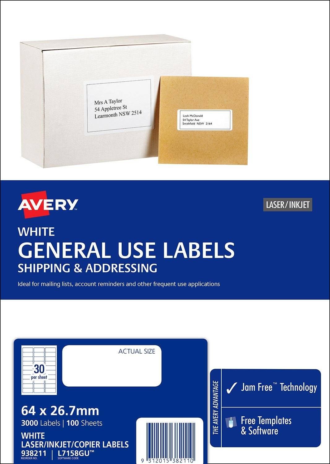 Avery L7158GU White Laser Inkjet 64 x 26.7mm Permanent General Use Labels – 3000 Pack