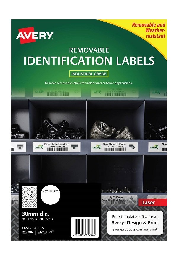 Avery L4716REV White Laser 30mm Round Removable Heavy Duty Labels – 960 Pack