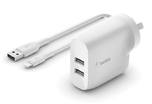Belkin BoostUP Charge Dual USB-A 24W Wall Charger Lightning to USB-A Cable - White