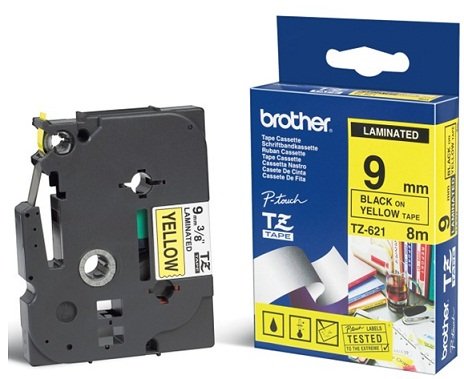 Brother P-Touch TZE-621 9mm Black on Yellow Laminated Label Tape