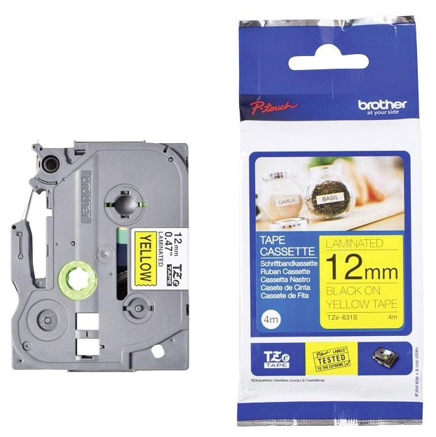 Brother P-Touch TZE-631S 12mm Black on Yellow Laminated Label Tape