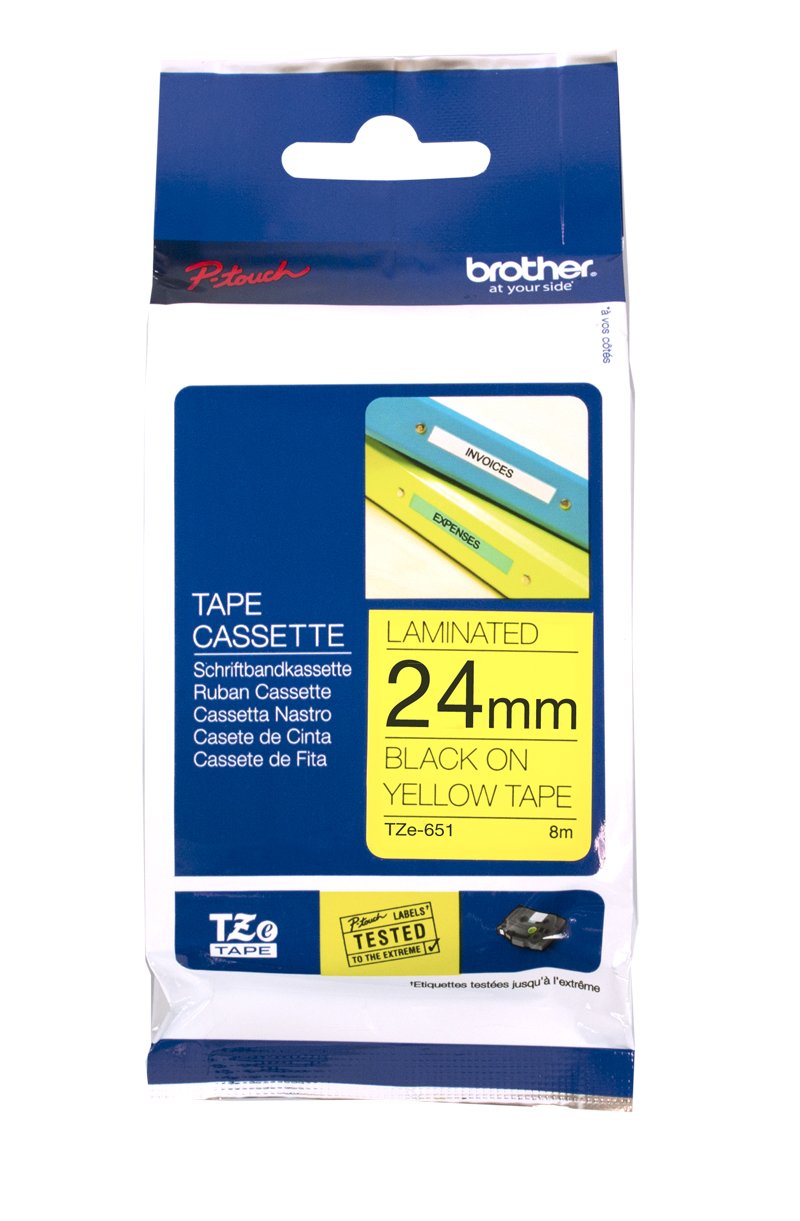 Brother P-Touch TZE-651 24mm Black on Yellow Laminated Label Tape