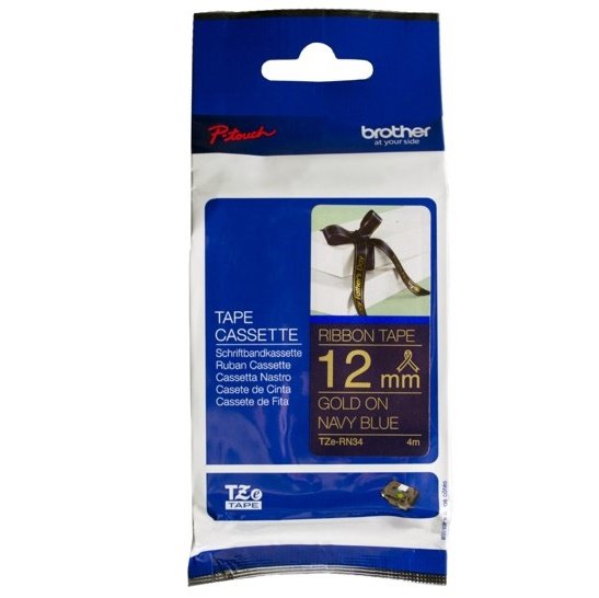 Brother P-Touch TZE-RN34 12mm Gold on Navy Blue Non Laminated Ribbon Label Tape